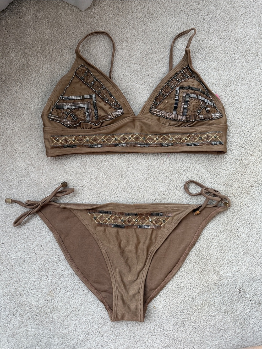 River Island Brown Embellished Tie-Side Bikini